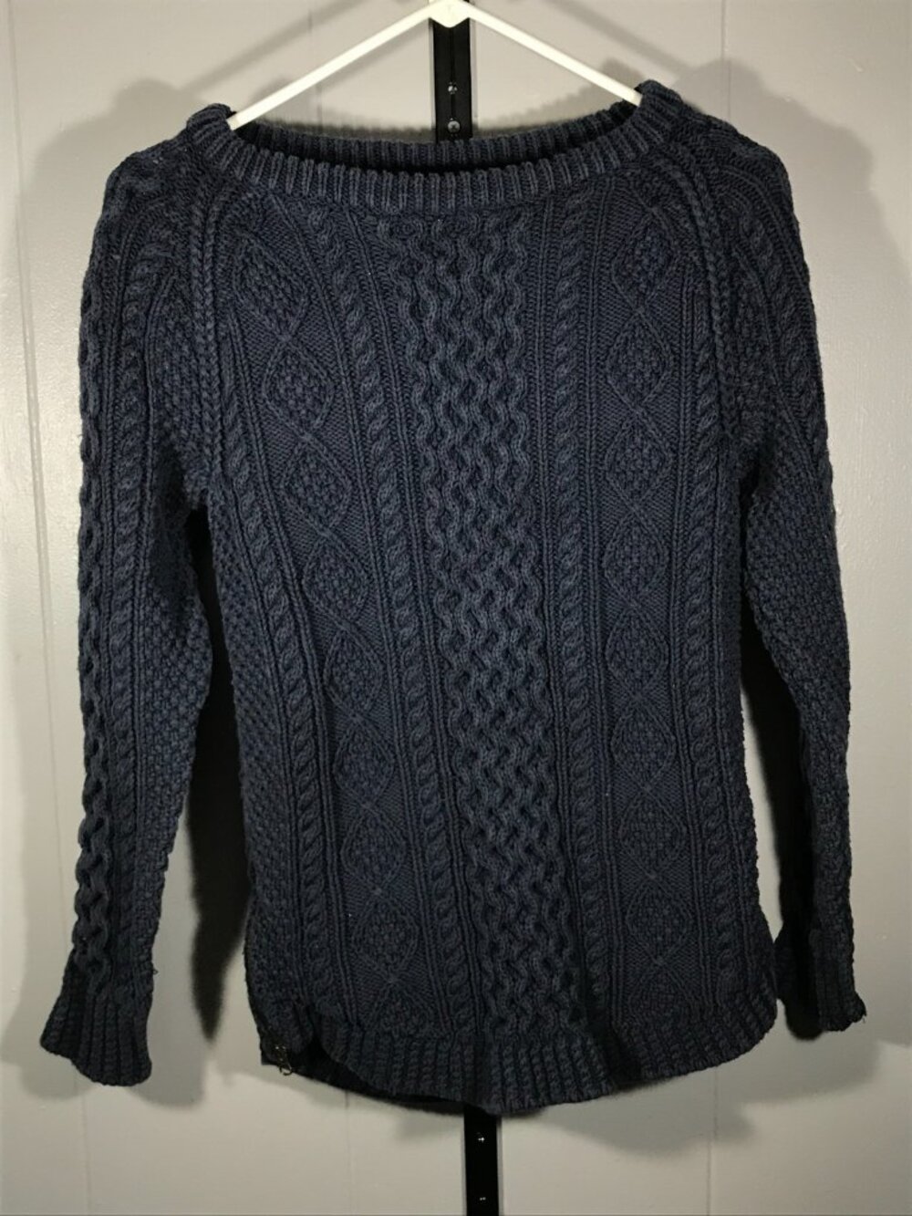 LL Bean Signature Cable Knit Sweater Womens XS Fishermans Navy Zip Sides Cotton